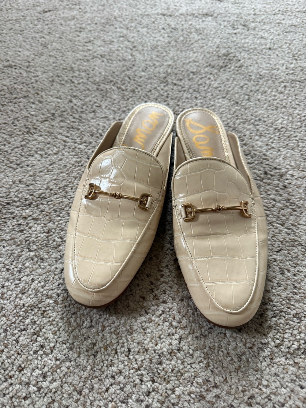 Sam Edelman Cream Croc-Embossed Leather Backless Loafers with Gold Bit